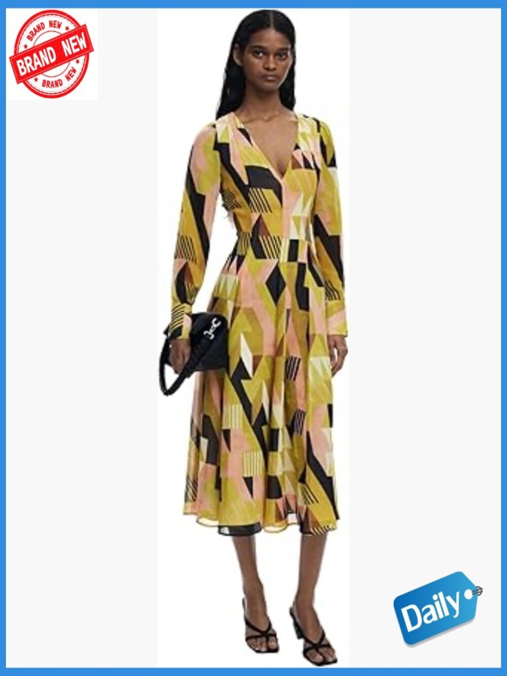 Geometric Print Shift Dress, Long Sleeve, V-Neck, Midi, Zip, Casual